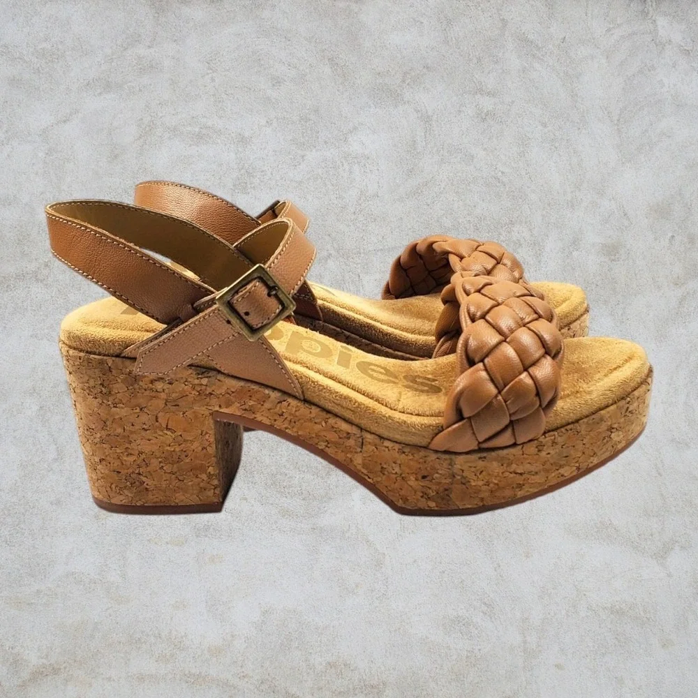 Hush Puppies Poppy Tan Braided Leather Cork Platform Block Heel Sandal Women 5.5